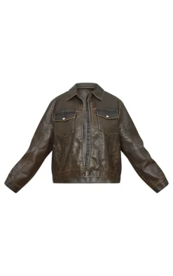 Plus Brown Washed Faux Leather Pocket Detail Bomber Jacket