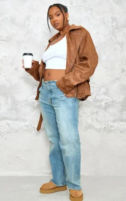 Plus Brown Washed Faux Leather Hardware Detail Belted Jacket