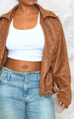Plus Brown Washed Faux Leather Hardware Detail Belted Jacket