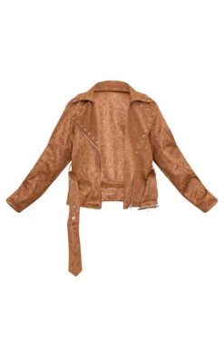 Plus Brown Washed Faux Leather Hardware Detail Belted Jacket