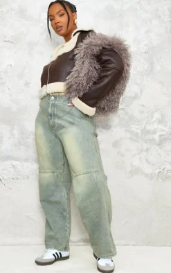 Plus Brown Washed Faux Leather Borg Trim Detail Crop Jacket