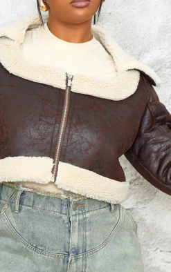 Plus Brown Washed Faux Leather Borg Trim Detail Crop Jacket