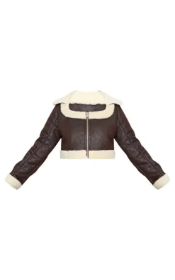 Plus Brown Washed Faux Leather Borg Trim Detail Crop Jacket