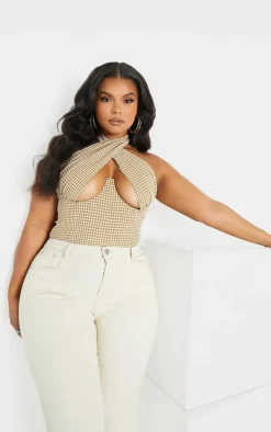 Plus Brown Woven Check Print Cross Over Zip Top