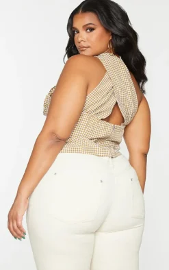 Plus Brown Woven Check Print Cross Over Zip Top