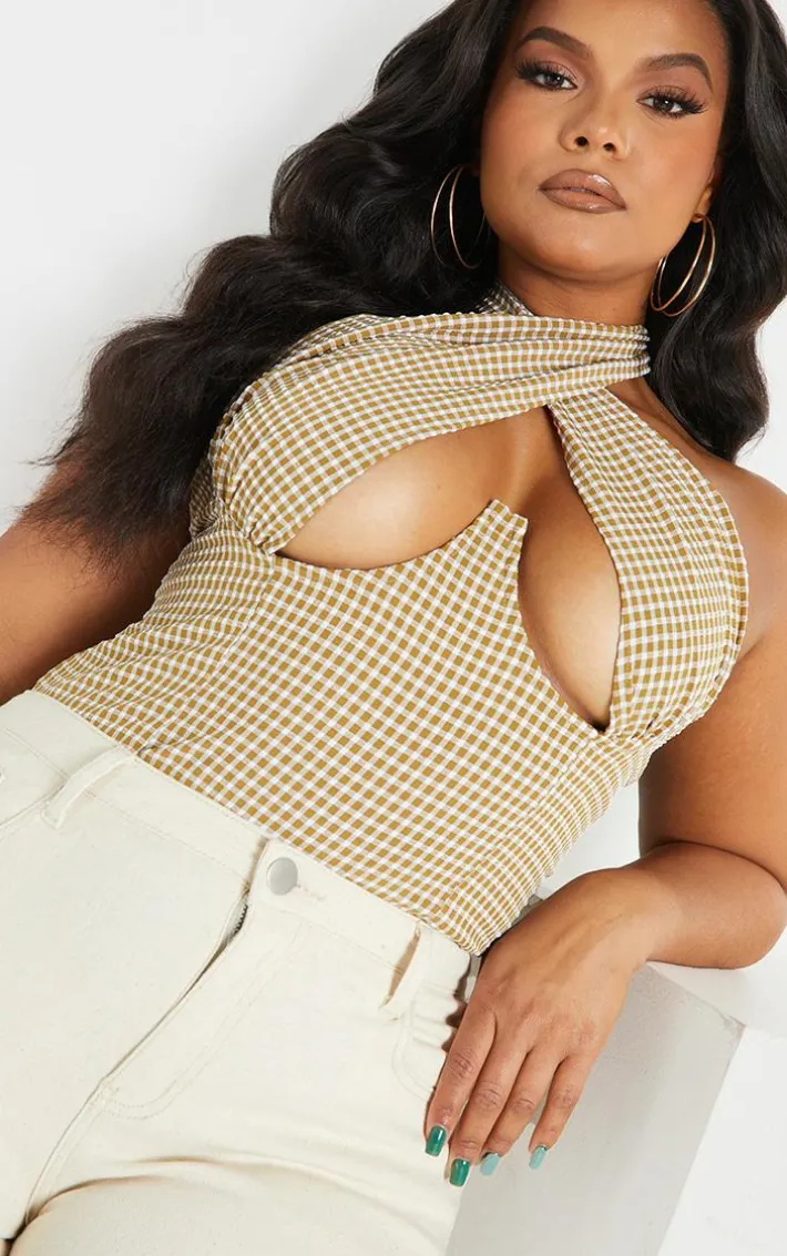 Plus Brown Woven Check Print Cross Over Zip Top