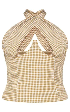 Plus Brown Woven Check Print Cross Over Zip Top