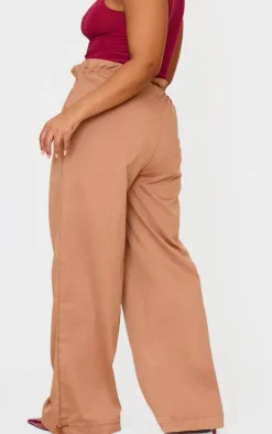 Plus Brown Woven Drawstring Waistband Straight Leg Pants