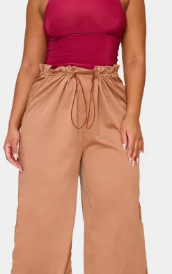 Plus Brown Woven Drawstring Waistband Straight Leg Pants