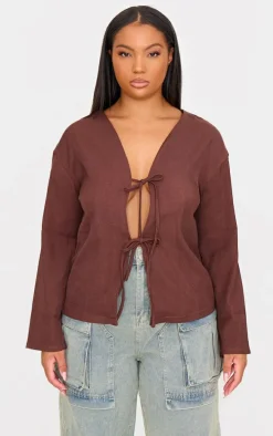 Plus Brown Woven Tie Front Flared Sleeve Shirt