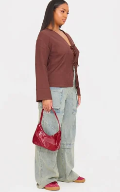 Plus Brown Woven Tie Front Flared Sleeve Shirt