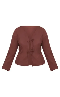 Plus Brown Woven Tie Front Flared Sleeve Shirt