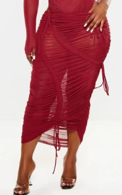 Plus Burgundy Extreme Ruched Seam Detail Midaxi Skirt
