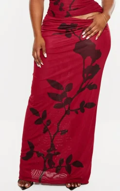Plus Burgundy Flower Printed Mesh Ruched Low Rise Maxi Skirt