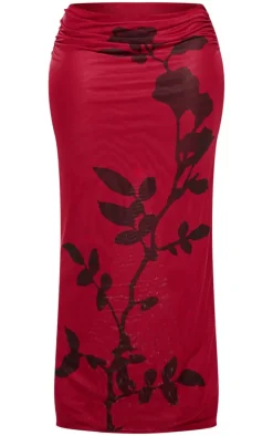 Plus Burgundy Flower Printed Mesh Ruched Low Rise Maxi Skirt