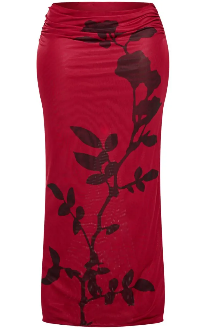 Plus Burgundy Flower Printed Mesh Ruched Low Rise Maxi Skirt