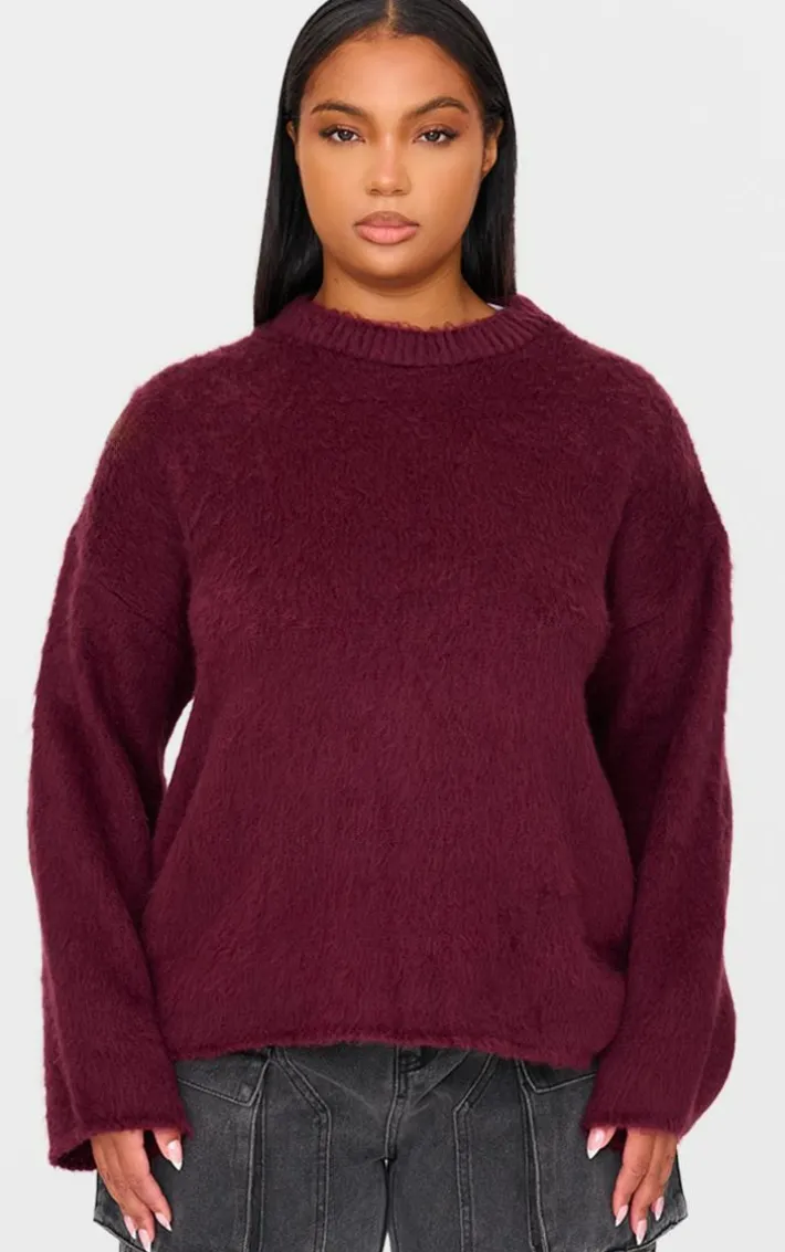 Plus Burgundy Fluffy Knit Oversized Sweater