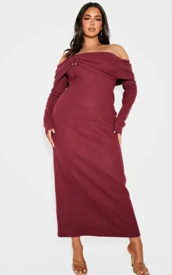 Plus Burgundy Heavy Brushed Rib Bardot Trim Maxi Dress