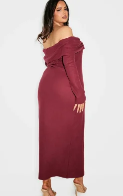 Plus Burgundy Heavy Brushed Rib Bardot Trim Maxi Dress