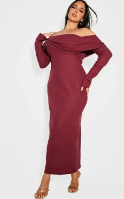 Plus Burgundy Heavy Brushed Rib Bardot Trim Maxi Dress