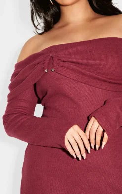 Plus Burgundy Heavy Brushed Rib Bardot Trim Maxi Dress