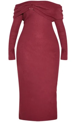 Plus Burgundy Heavy Brushed Rib Bardot Trim Maxi Dress