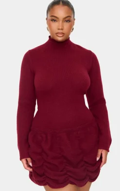 Plus Burgundy High Neck Knitted Puffball Mini Dress