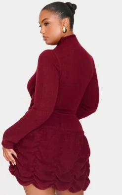 Plus Burgundy High Neck Knitted Puffball Mini Dress