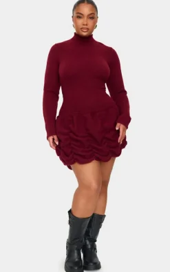 Plus Burgundy High Neck Knitted Puffball Mini Dress