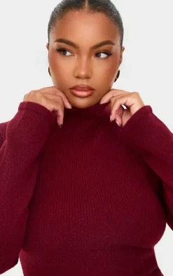 Plus Burgundy High Neck Knitted Puffball Mini Dress