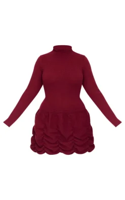 Plus Burgundy High Neck Knitted Puffball Mini Dress