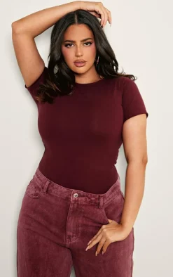 Plus Burgundy Premium Cotton Cap Sleeve Fitted Bodysuit