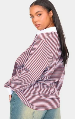 Plus Burgundy Striped Collared Oversized Long Sleeve T Shirt