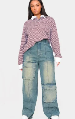 Plus Burgundy Striped Collared Oversized Long Sleeve T Shirt