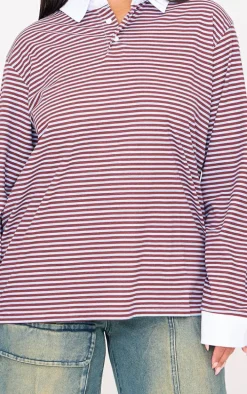 Plus Burgundy Striped Collared Oversized Long Sleeve T Shirt
