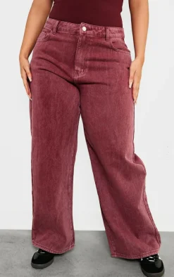Plus Burgundy Washed Wide Leg Jeans