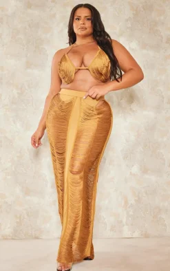 Plus Camel Fringed Maxi Skirt