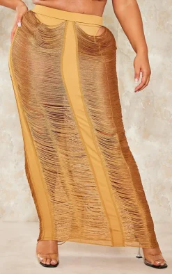 Plus Camel Fringed Maxi Skirt