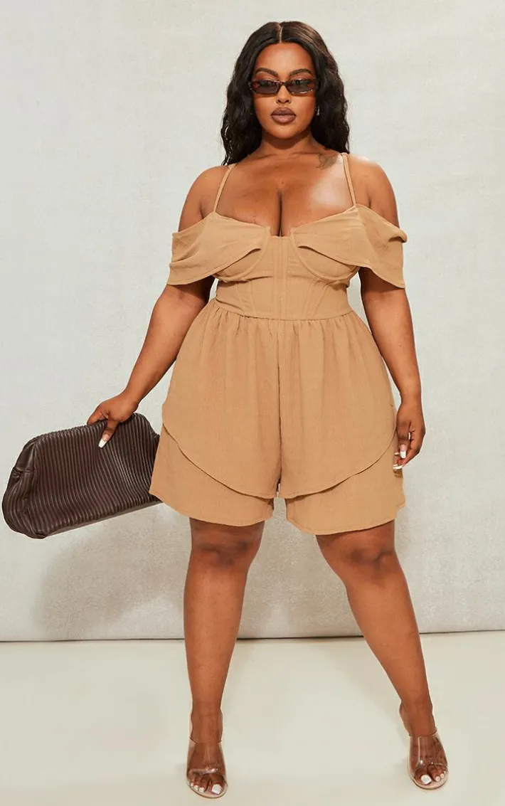 Plus Camel Textured Corset Romper