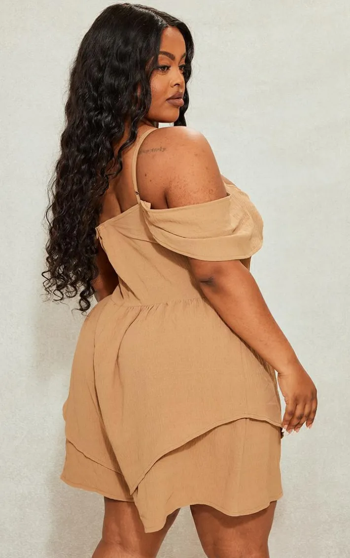 Plus Camel Textured Corset Romper