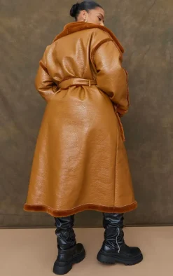 Plus Camel Vinyl Contrast Faux Fur Midi Coat