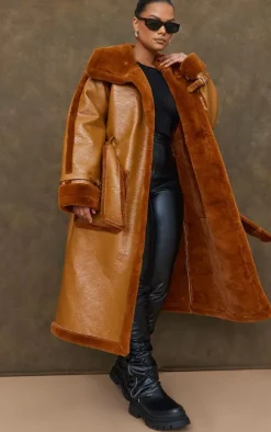 Plus Camel Vinyl Contrast Faux Fur Midi Coat