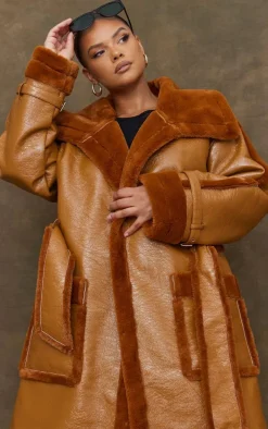 Plus Camel Vinyl Contrast Faux Fur Midi Coat