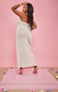 Plus Champagne Accetate Slinky Plunge Halterneck Maxi Dress