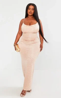 Plus Champagne Wavy Plisse Cowl Neck Maxi Dress