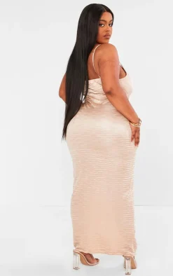 Plus Champagne Wavy Plisse Cowl Neck Maxi Dress