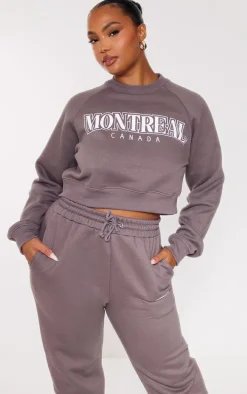 Plus Charcoal Blue Montreal Printed Crop Sweatshirt