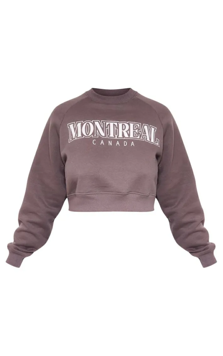 Plus Charcoal Blue Montreal Printed Crop Sweatshirt