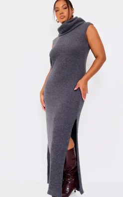 Plus Charcoal Brushed Rib Roll Neck Maxi Dress