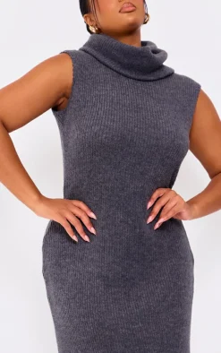 Plus Charcoal Brushed Rib Roll Neck Maxi Dress